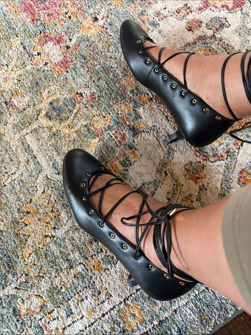 Black Leather Lace-Up Kitten Heel Pumps - Women